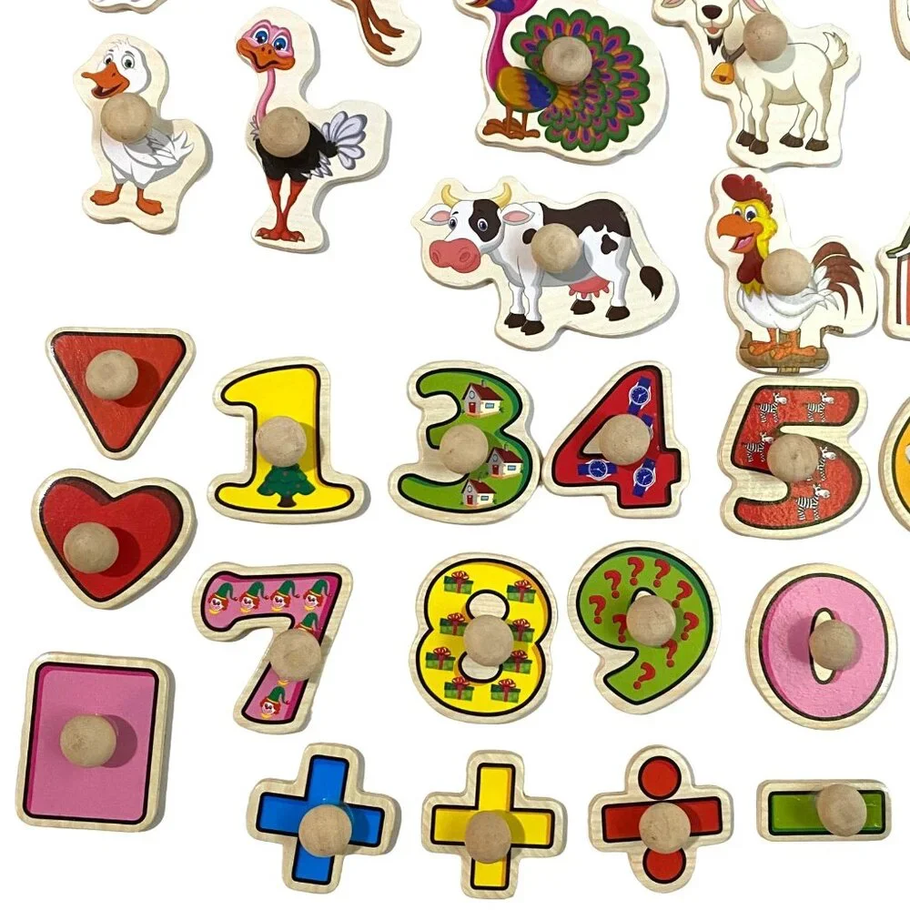 Preschool Wooden Puzzle Piece with Knobs Lot of‎ 38 Crafting DIY Decor Tactile